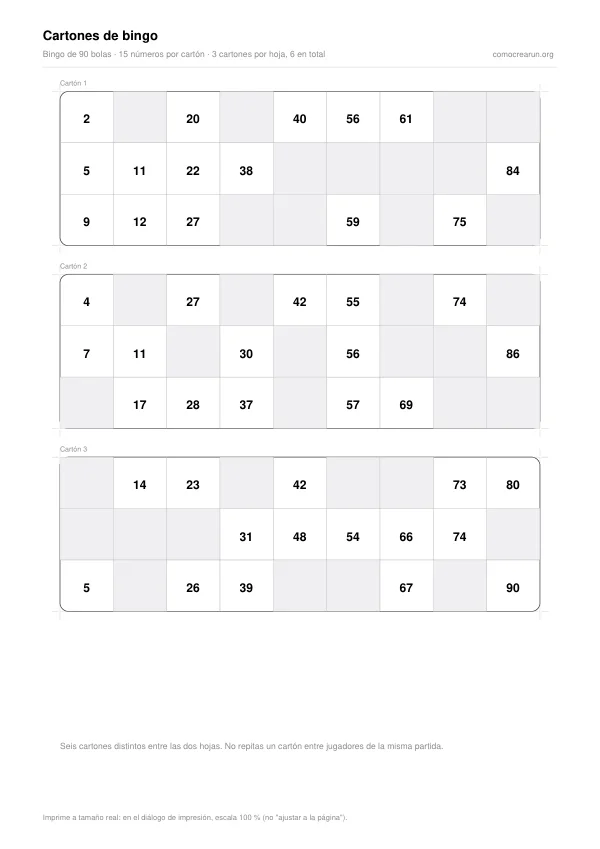 Primera página del PDF: Cartones de bingo