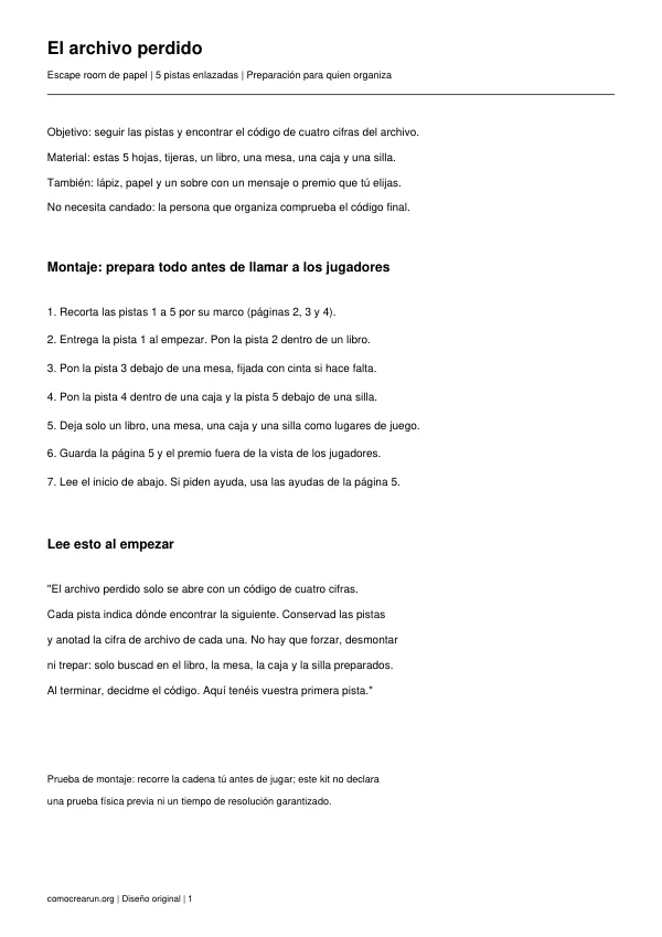 Primera página de la plantilla: Escape room: el archivo perdido
