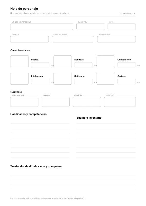 Primera página del PDF: Hoja de personaje de rol