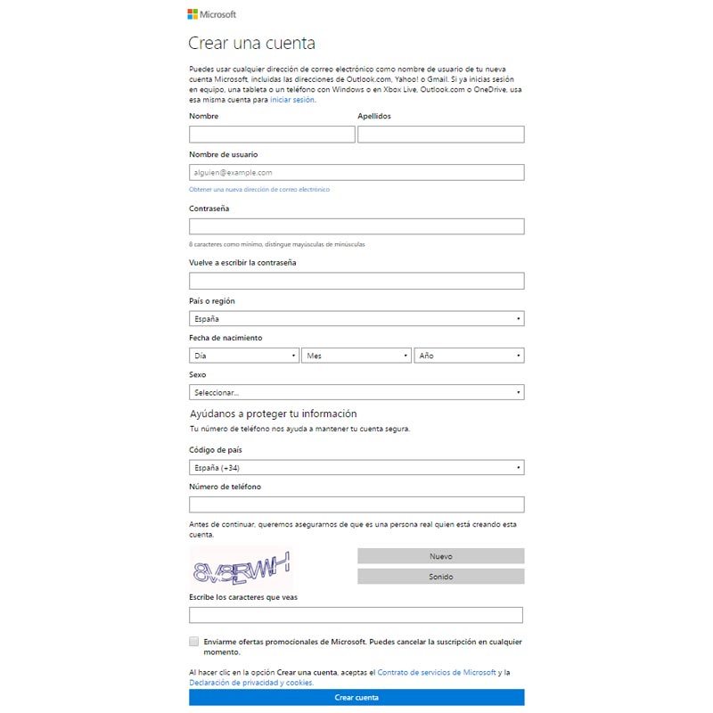 Registro de cuenta en Hotmail